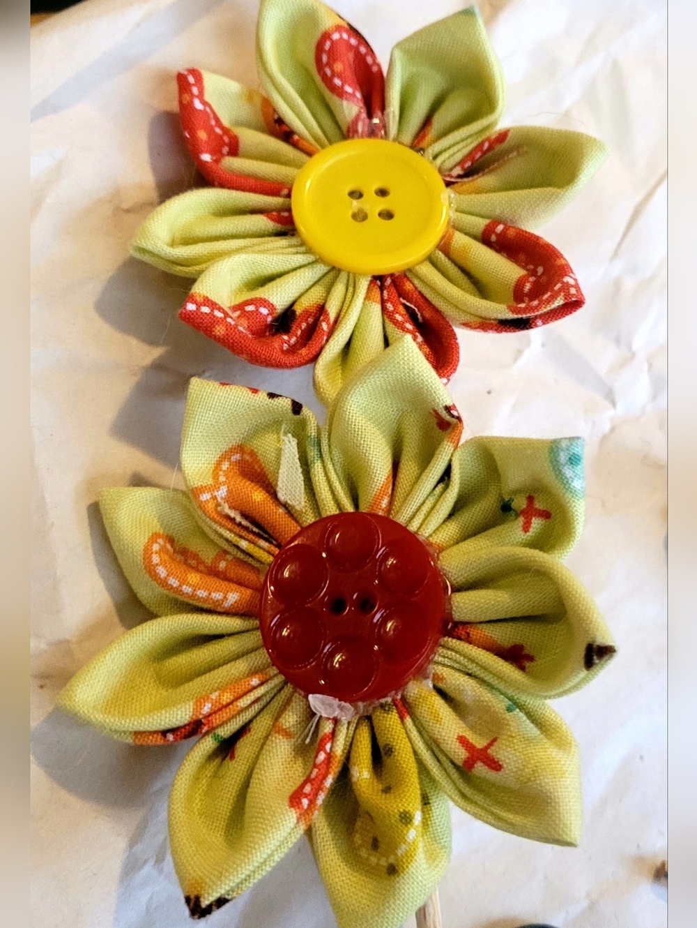 2 Handmade/handsewn Fabric Flowers With Button Centers & Stems